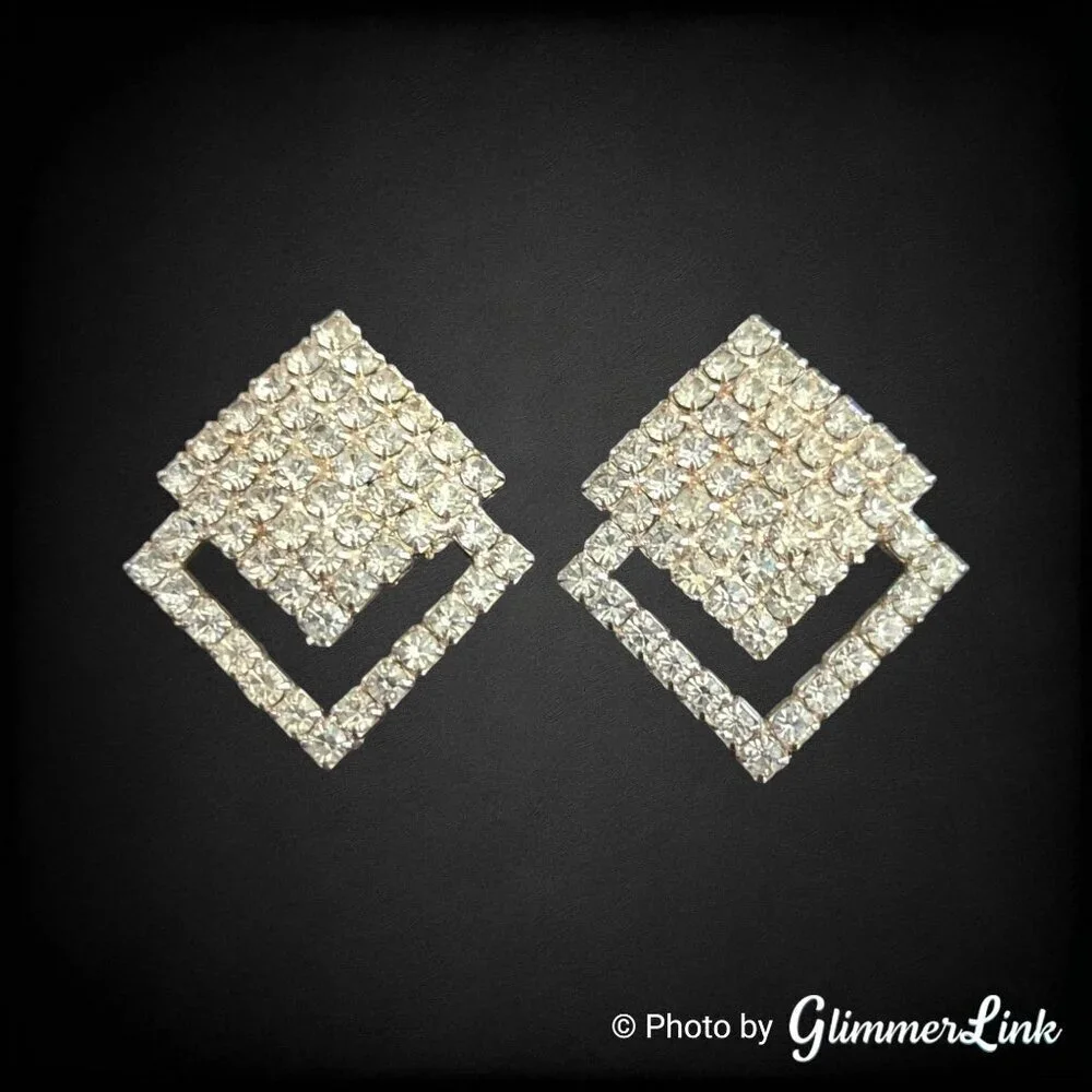 Vintage 70s Rhinestone Geometric Diamond Art Deco Style Clip On Earrings